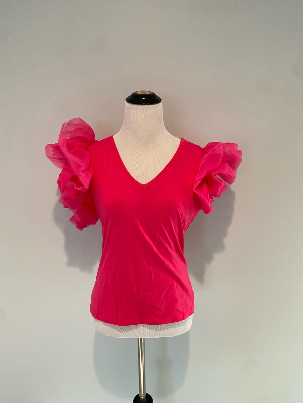 Wish Hot Pink V-Neck Top with Ruffled Organza Sleeves